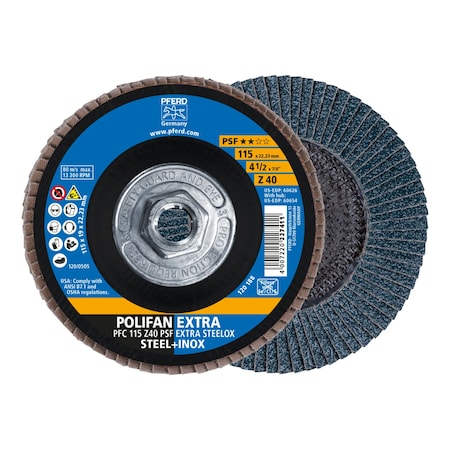 Pferd 4-1/2" x 5/8-11 Thd. POLIFAN Flap Disc - Z PSF EXTRA STEELOX, Zirconia, 40 Grit, Conical 60654